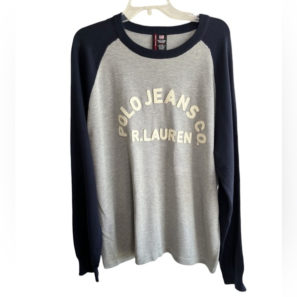 RALPH LAUREN POLO JEANS Sweater Pullover Ringer Shirt Logo Mens Large Gray Navy - Picture 1 of 11